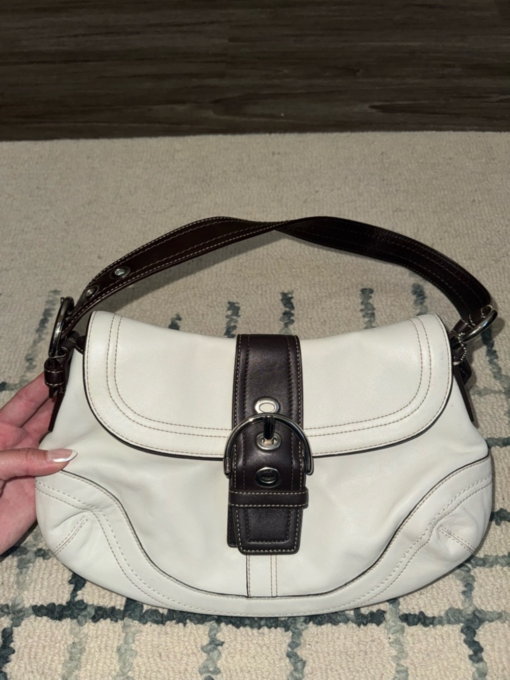 Coach White and Dark Brown Leather Shoulder Bag with Buckle Detail
